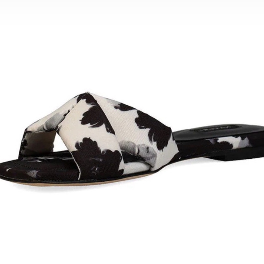 Natori Vitta Taichou Slide Black and White Colorway Floral Cross-Band Mule Sz 6